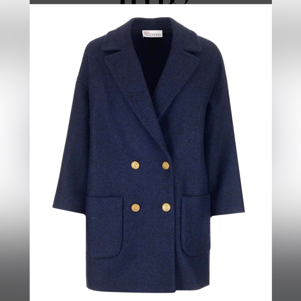 Red Valentino Herringbone Navy Coat With Gold Buttons